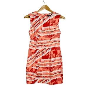 🍀French Connection Women’s Sz 8 Red Coral Geometric Sleeveless Shift Dress